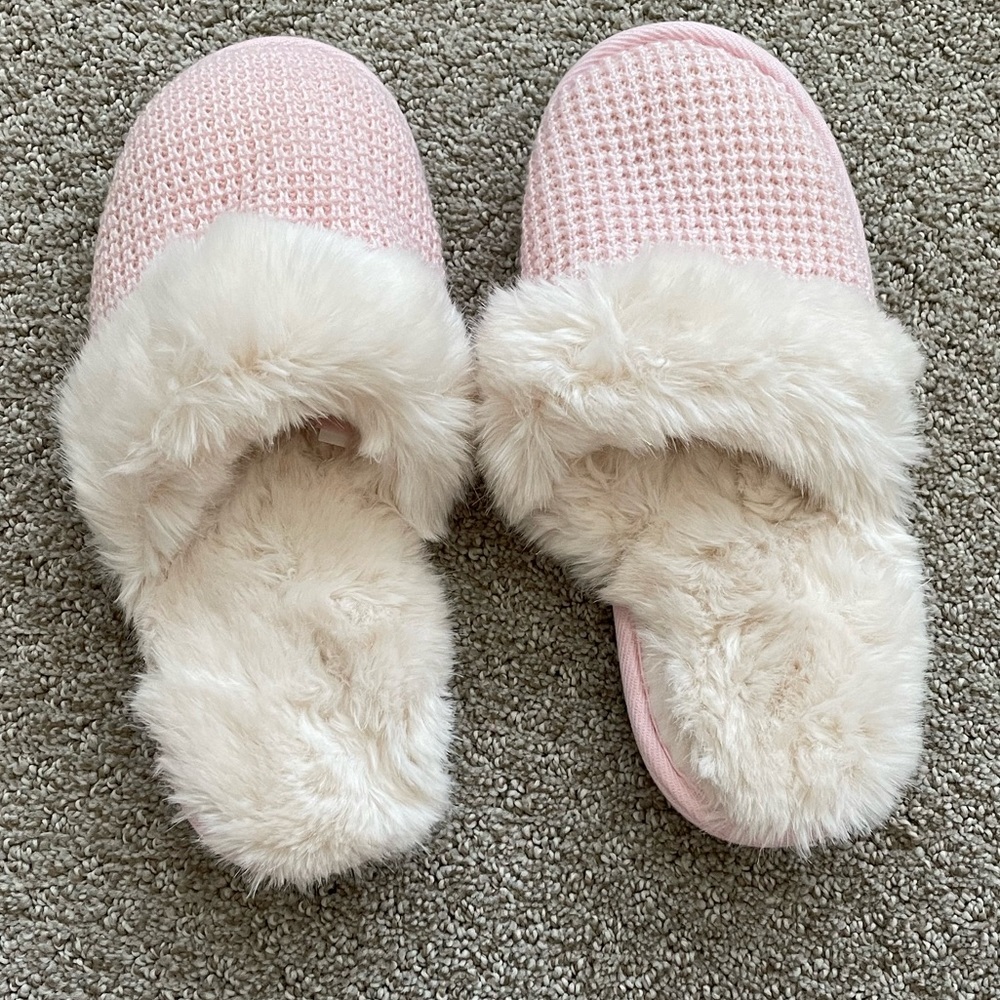 Victoria’s Secret pink and white fluffy slippers
